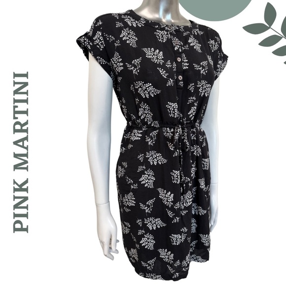🛍️3/$40 Pink Martini Drawstring Waist Summer Dress | Black White Floral | Small - Picture 3 of 8